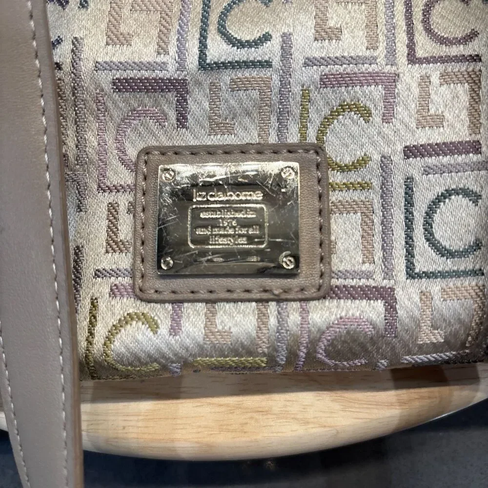Vintage Liz Claiborne Handbag Beige Silver Two Handle Monogram Satchel Y2K